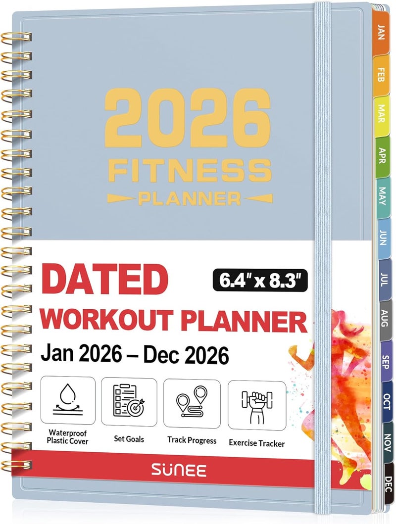 SUNEE 2026 Fitness Workout Journal Planner for Women & Men, JAN 2026 - DEC 2026 Exercise Planner, 6.4" x 8.3" Workout Calendar Journal Essentials Gift for Goals, Tracking,Gifts with PVC Plastic Cover, Blue - Image 1